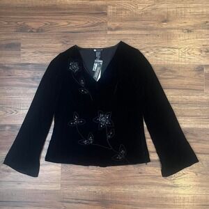 New Deadstock Vintage Black Silk Velvet Beaded‎ Blouse Women Large Whimsygoth